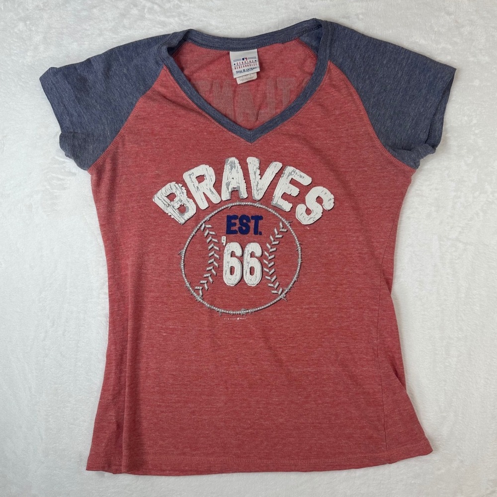 Atlanta Braves MLB 5th & Ocean Womens Red Navy Raglan V-Neck T-Shirt Large